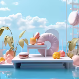 an artistic painting depicts a surreal arrangement of furniture