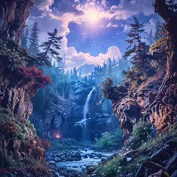 a scenic view of a waterfall near a forest