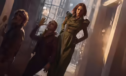 a group of women are in a room with large windows