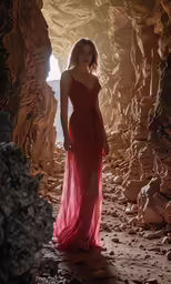 a woman in an orange dress poses near the ocean