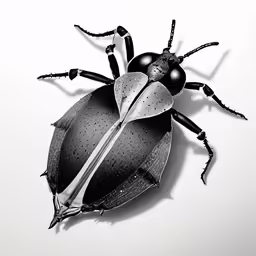 black and white photograph of an insect on a white surface