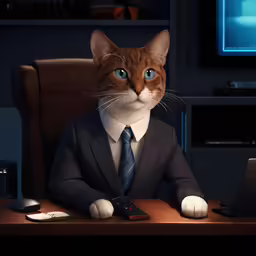 a cat wearing a suit and tie sitting at a desk with a laptop