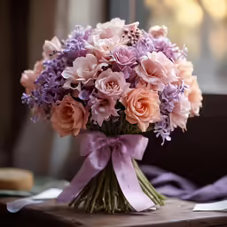 a bouquet of roses and lavenders is sitting on a table