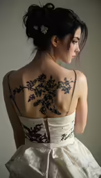 a beautiful bride with an artistic back tattoo