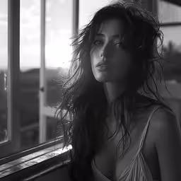 black and white image of woman near window looking out,black and white photograph of woman with hair flowing