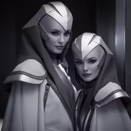two futuristic women in grey clothes posing together