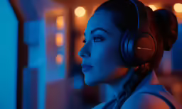 a woman with headphones on talking in front of her