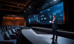 a man in a business suit stands on a stage next to an empty auditorium