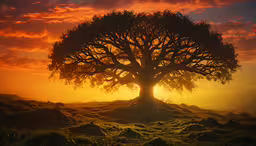 a silhouetted tree in the middle of a sunset,a tree that is sitting in the grass