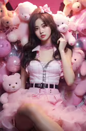 there is a beautiful woman in pink with teddy bears,a girl with black hair sitting next to lots of pink teddy bears