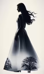 a woman is wearing a white dress while standing in the shade of trees