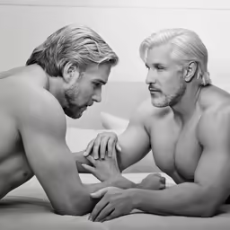 the two men are laying on a couch together