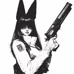 a girl holding two guns, with a creepy head