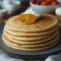 stack of pancakes with whipped cream and oranges