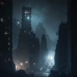 a very dark city with a light in it