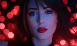 a woman with bright red lipstick on her lips