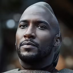 a bald headed man in black and white