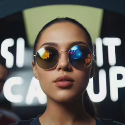 a woman is wearing sunglasses with multiple color lenses