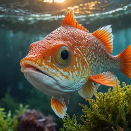 an orange and white fish with spots on it swimming in a sea