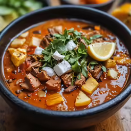 a bowl of soup with meat, cheese and greens