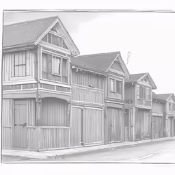 a drawing of a row of houses in a neighborhood