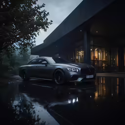 a dark car in front of a building