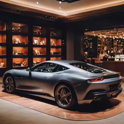 a sports car on display in front of shelves