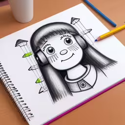 a drawing of a woman in earphones is next to a coffee cup and pencil,a sketch of a young lady wearing headphones with a smile