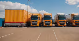 many large trucks parked in a row together,five yellow semis are lined up and ready to be unloaded