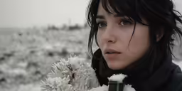 a young woman in black jacket holding snow covered plants