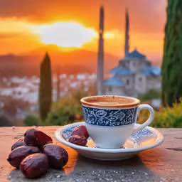 a coffee cup and a plate with dates on top