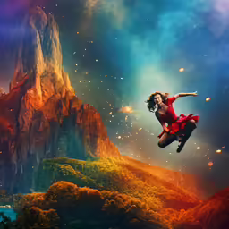 a woman dressed in a red outfit standing on top of a mountain