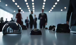 an image of several people standing near suitcases in a conference room