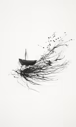 a boat floating with lots of black birds coming out of it