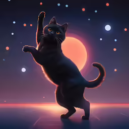a cat is standing upright in a space that has planets