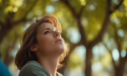 a woman with her eyes closed looking up