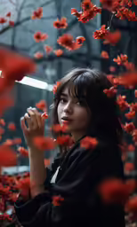 a woman standing in the middle of some red flowers