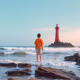 a man walking along the ocean front in front of a red light house