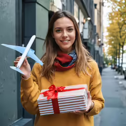 a woman holding a gift box with an airplane model behind her