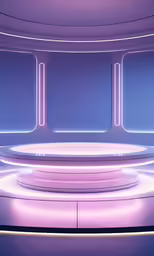 a room with neon lights and circular stage