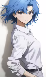the blue haired man is looking into the distance