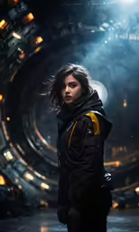 a woman standing in front of a large object