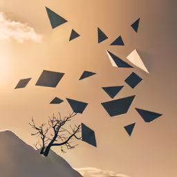 several square pieces of paper flying into the sky over a tree