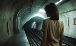 a person with long brown hair stands alone in a train station