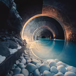 an icey blue river in front of a stone tunnel