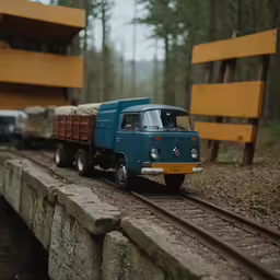 an old blue and yellow truck traveling across a bridge