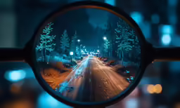 a view of an empty road from the rearview mirror