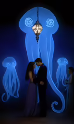 a couple is posing under an image with jellyfishs