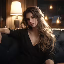 a woman in black is sitting on a couch