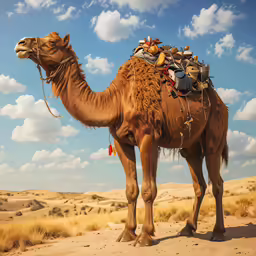 a camel with a load of luggage on its back